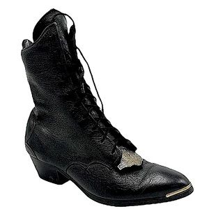 Vintage black leather granny roper ankle boots size 7 silver tip western
